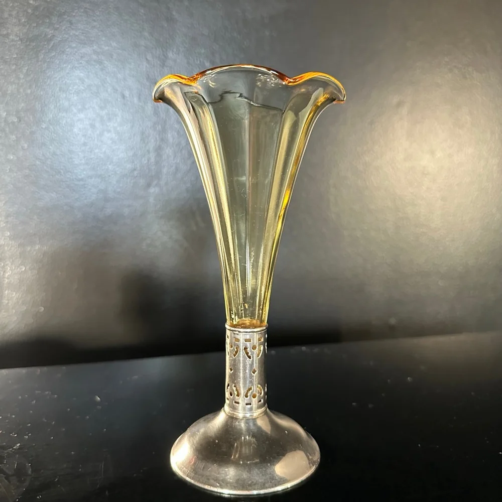 Antique Yellow Glass Vase with Silver Base